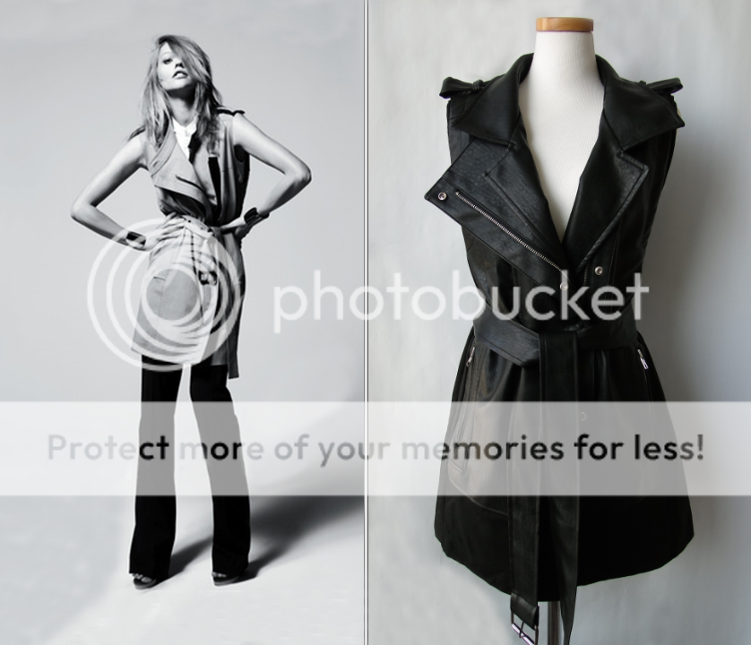 Runway Sexy Trendy Long Trench Style Belted Biker Leather Trim Vest 